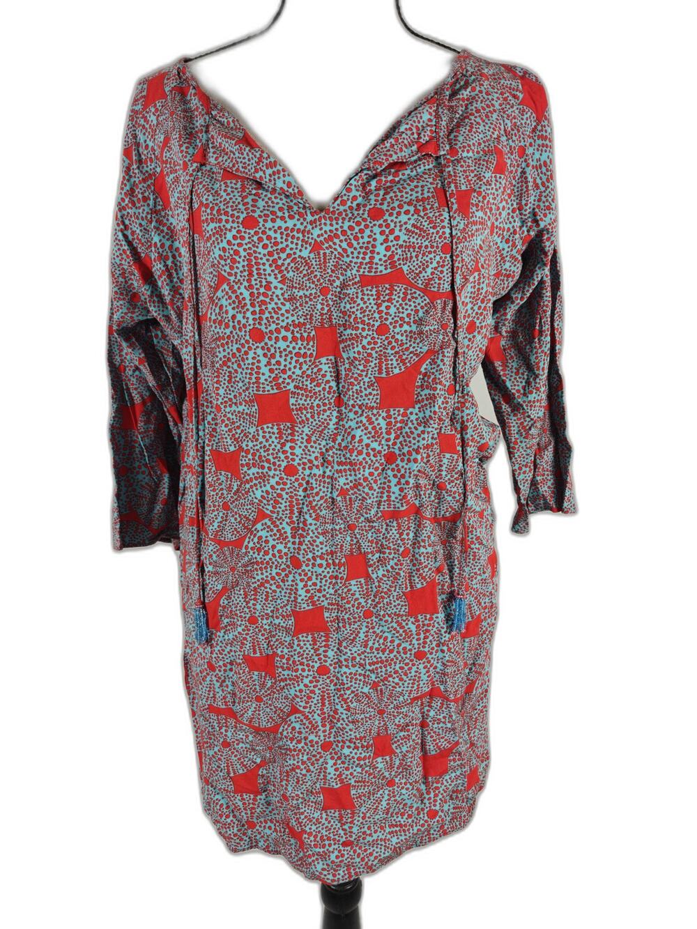 Women's Escapada Beach Tunic Dress Blue Red Geometric Print Tassel Tie